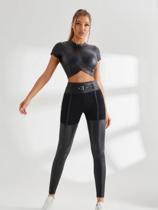 Leggings brillants en PU athlétiques pour femmes