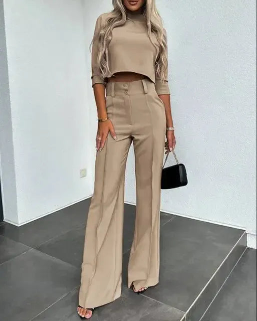 Brigitte - Elegante semi-fit topbroek met wijde pijpen en lange mouwen