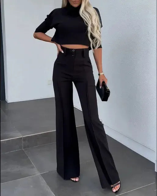 Brigitte - Elegante semi-fit topbroek met wijde pijpen en lange mouwen
