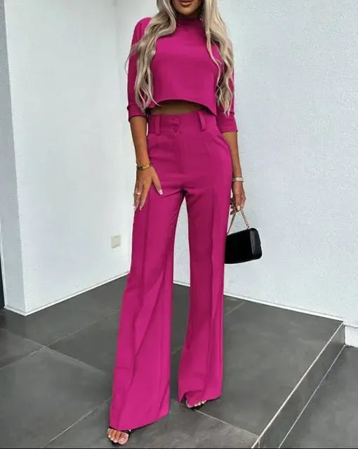 Brigitte - Elegante semi-fit topbroek met wijde pijpen en lange mouwen