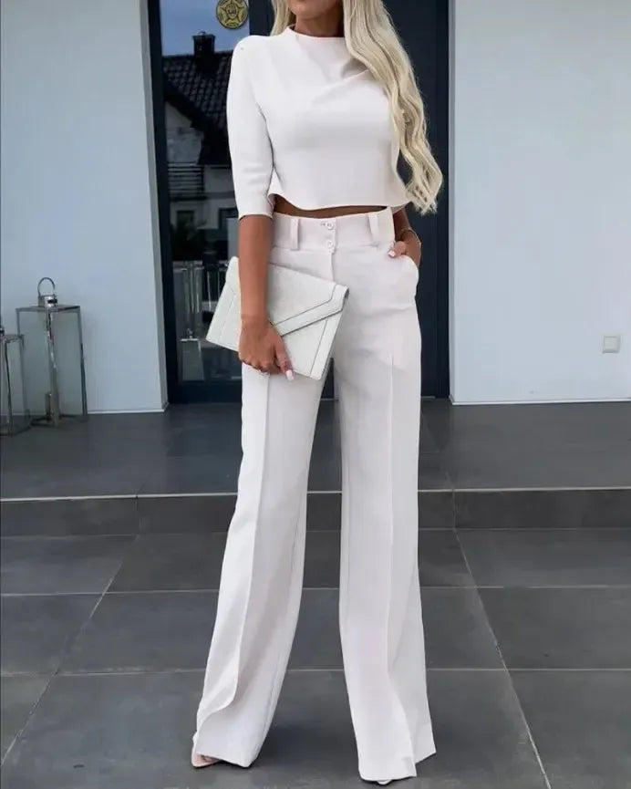 Brigitte - Elegante semi-fit topbroek met wijde pijpen en lange mouwen