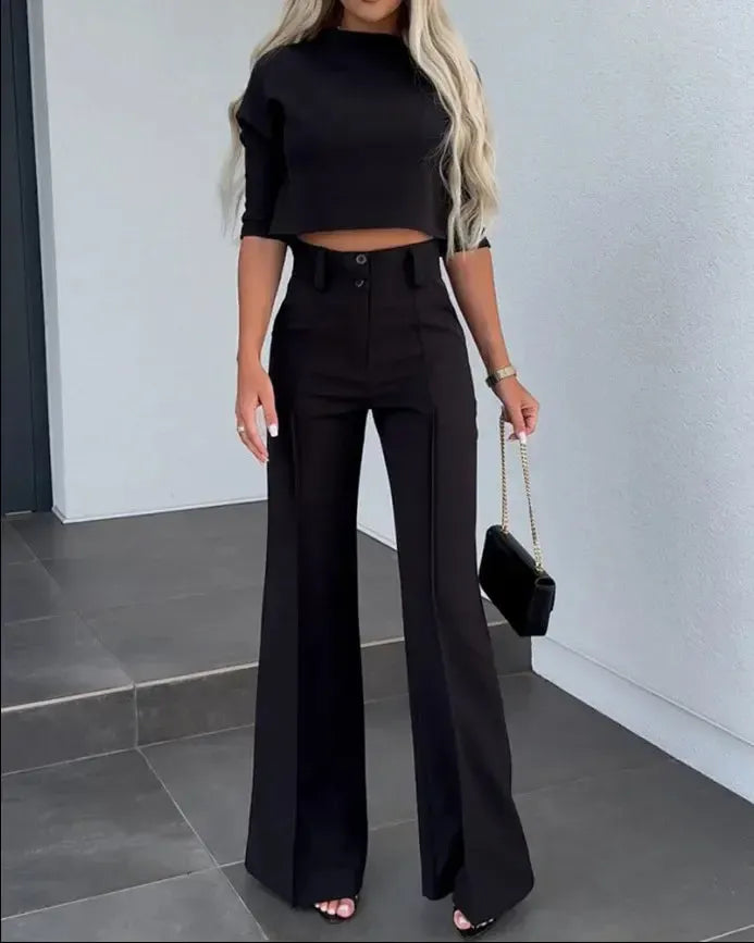 Brigitte - Elegante semi-fit topbroek met wijde pijpen en lange mouwen