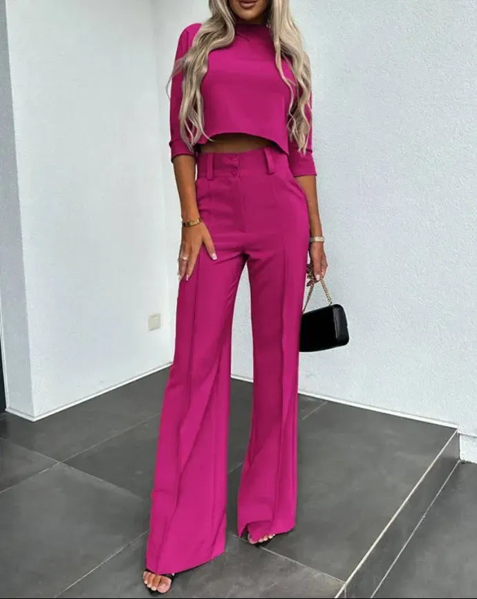 Brigitte - Elegante semi-fit topbroek met wijde pijpen en lange mouwen