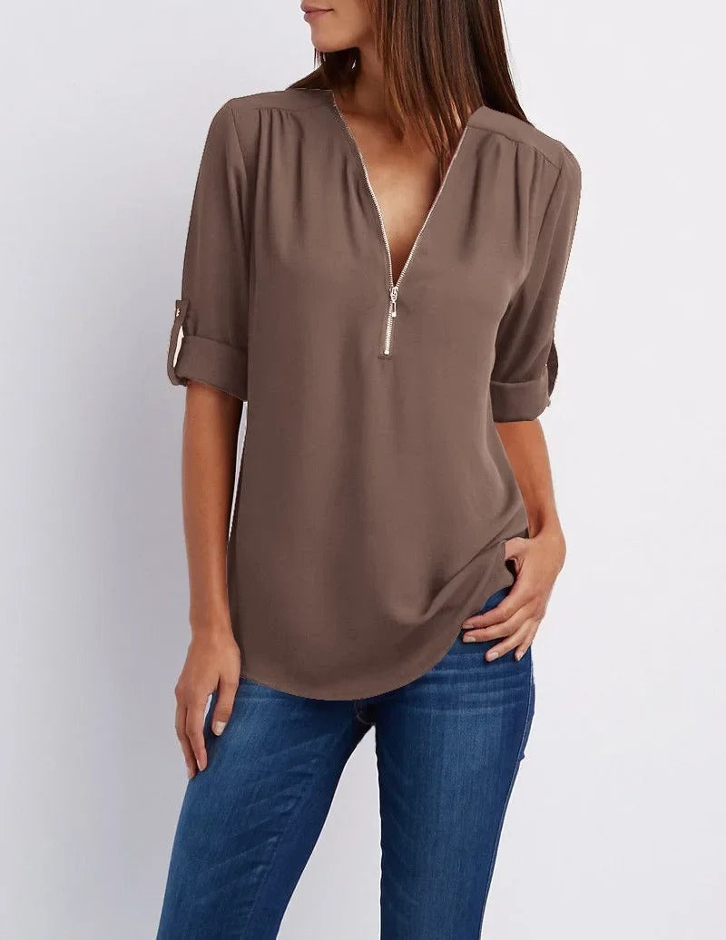 Johanna - Casual Blouse met Ritssluiting en Korte Mouwen