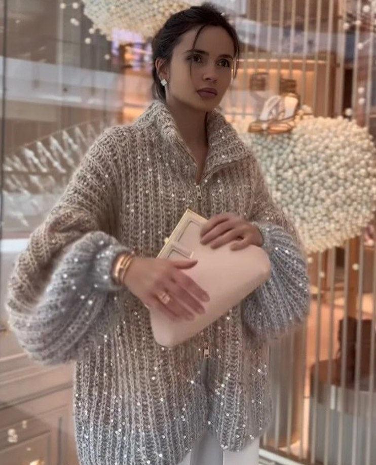 Alyssa - Gilet tricoté confortable et élégant avec fermeture éclair et paillettes