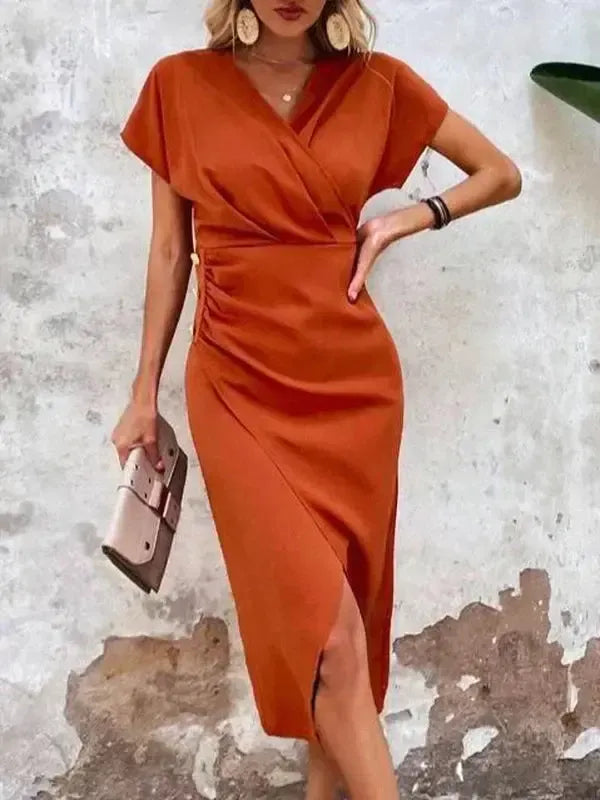 Olivia Kleid - Oranges V-Ausschnitt Midi Kleid mit Schlitz