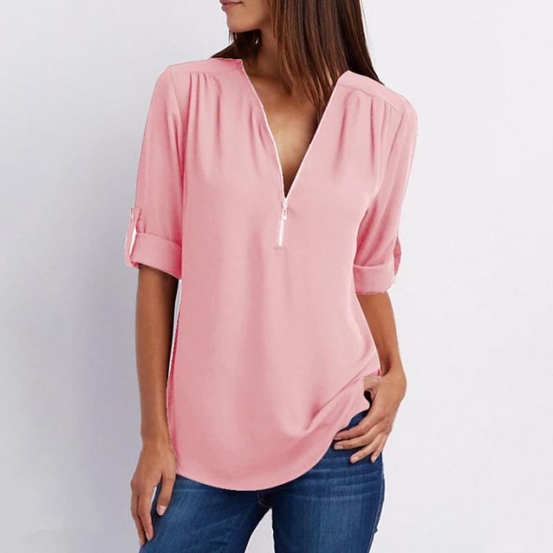 Johanna - Casual Blouse met Ritssluiting en Korte Mouwen