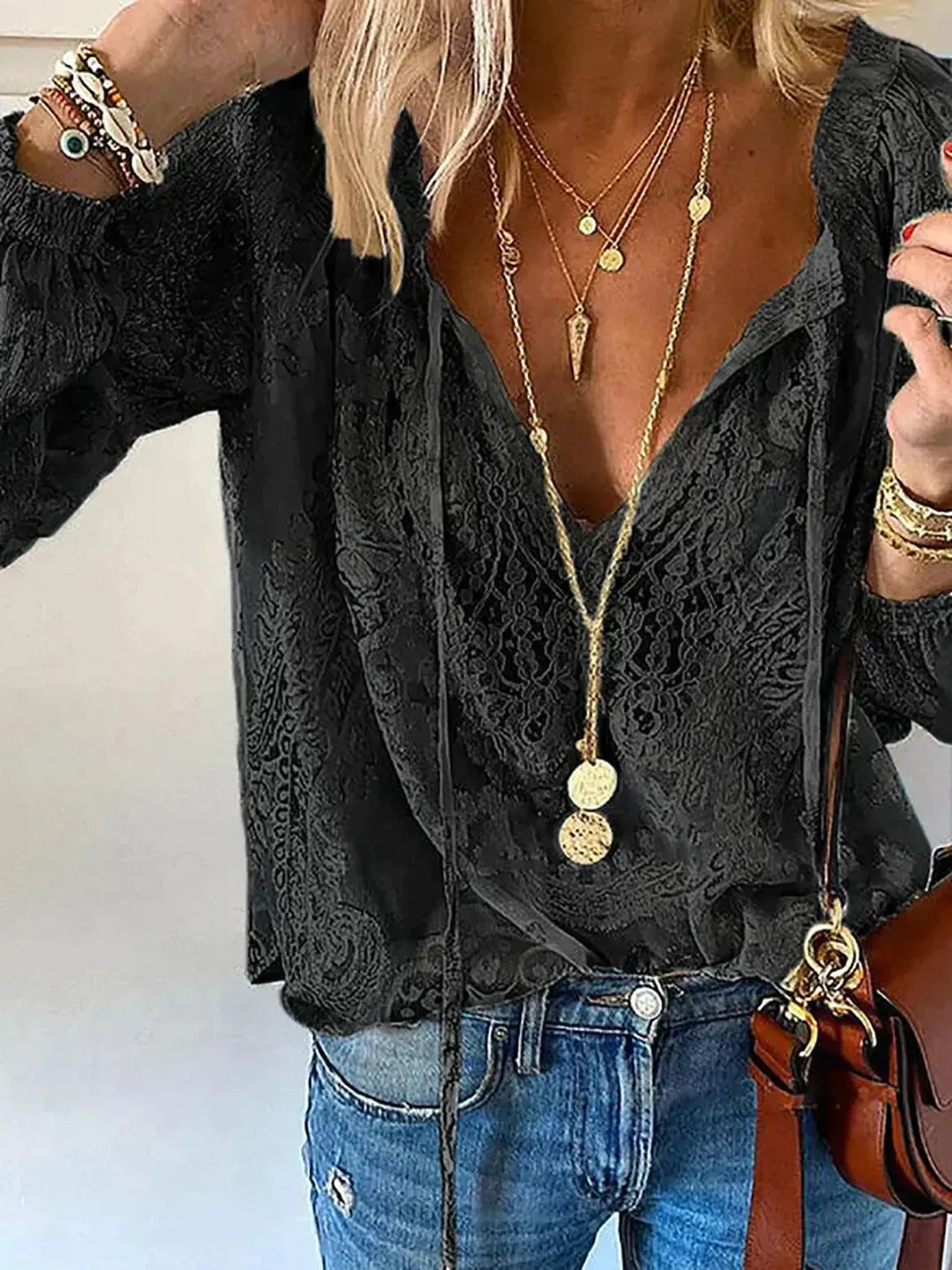 Helena - Chiffon Bluse mit langen Ärmeln und V-Ausschnitt für Damen