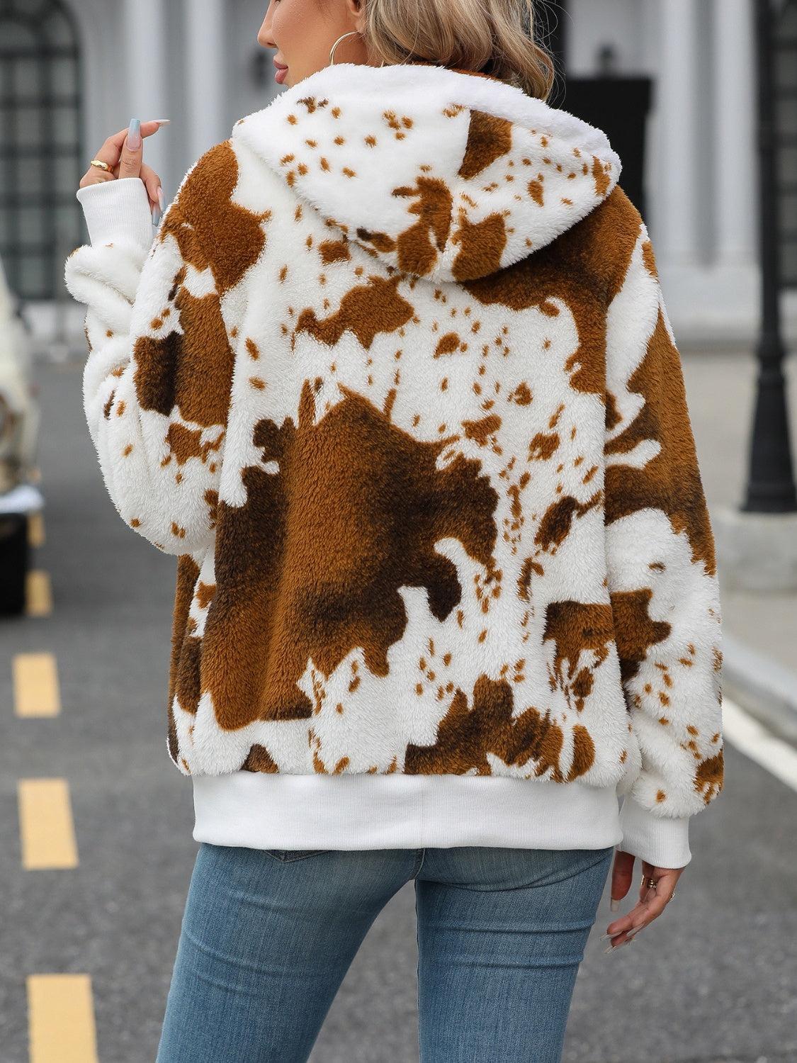 fleece trui met print. rits. jacket. warm. koe print