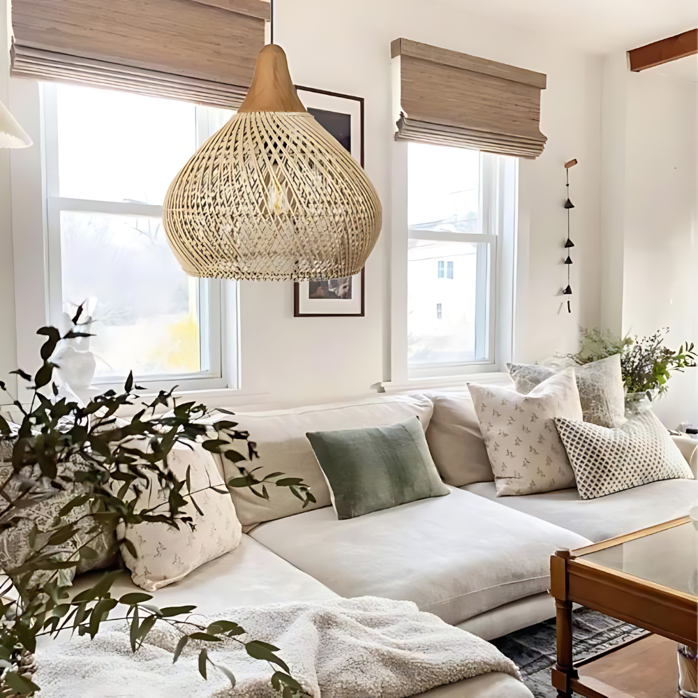 Boho rotan hanglamp – handgeweven natuurlijke sfeerverlichting
