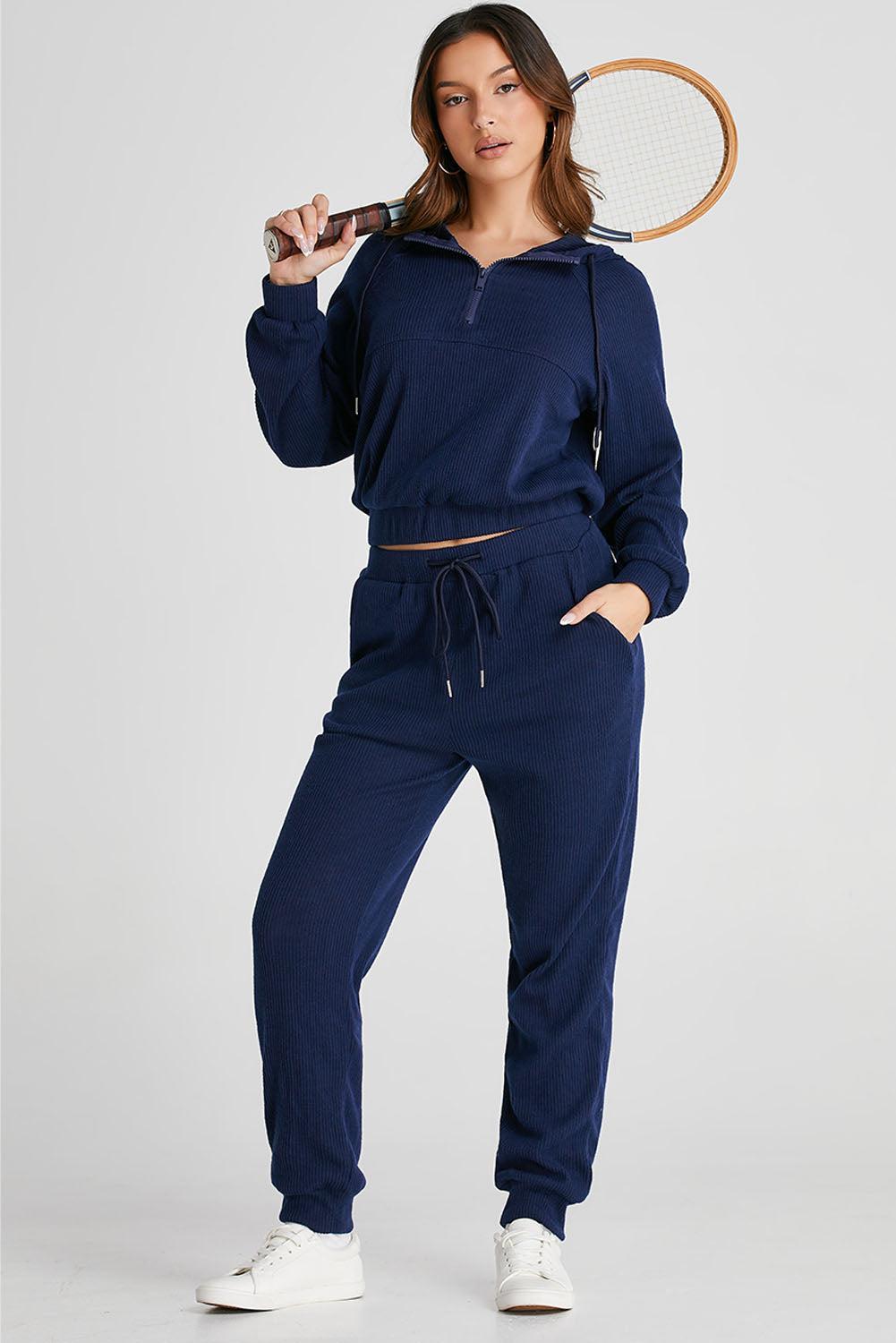 Lales - Ensemble Jogging Confortable avec Sweat à Capuche Demi-Zip et Pantalon pour Femme