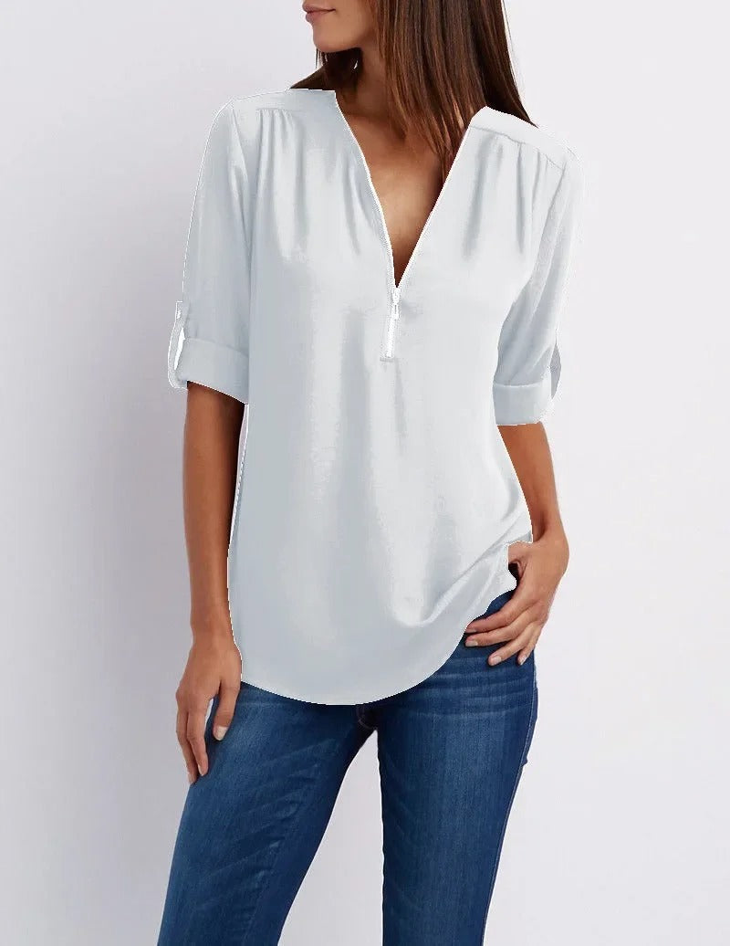Johanna - Casual Blouse met Ritssluiting en Korte Mouwen