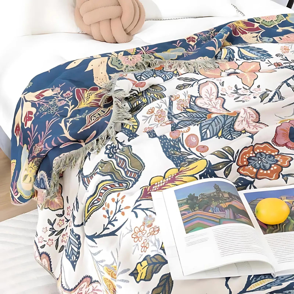 Omkeerbare katoenen jacquard deken met bloemenmotief – lichtgewicht decoratieve laag