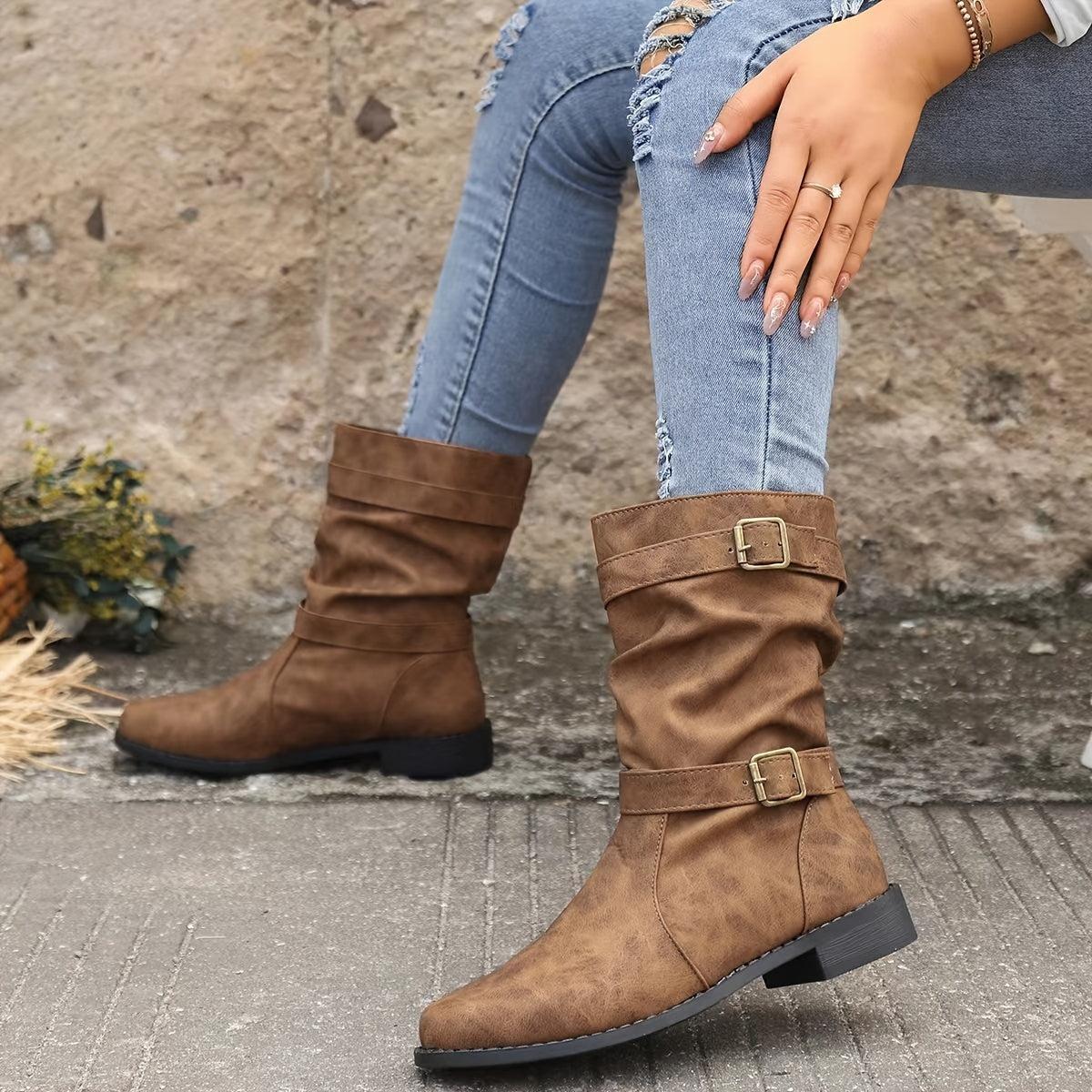 Sarah - Flache Slouchy Schnallen-Stiefeletten für Damen
