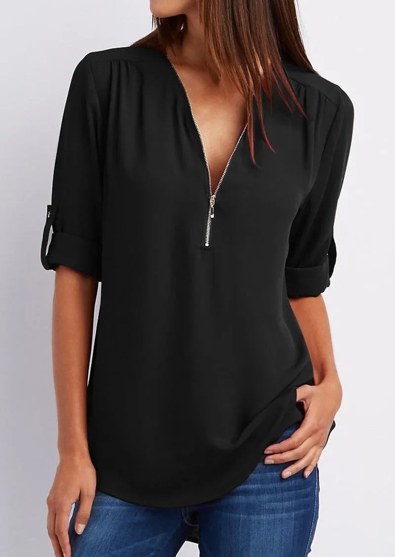 Johanna - Casual Blouse met Ritssluiting en Korte Mouwen