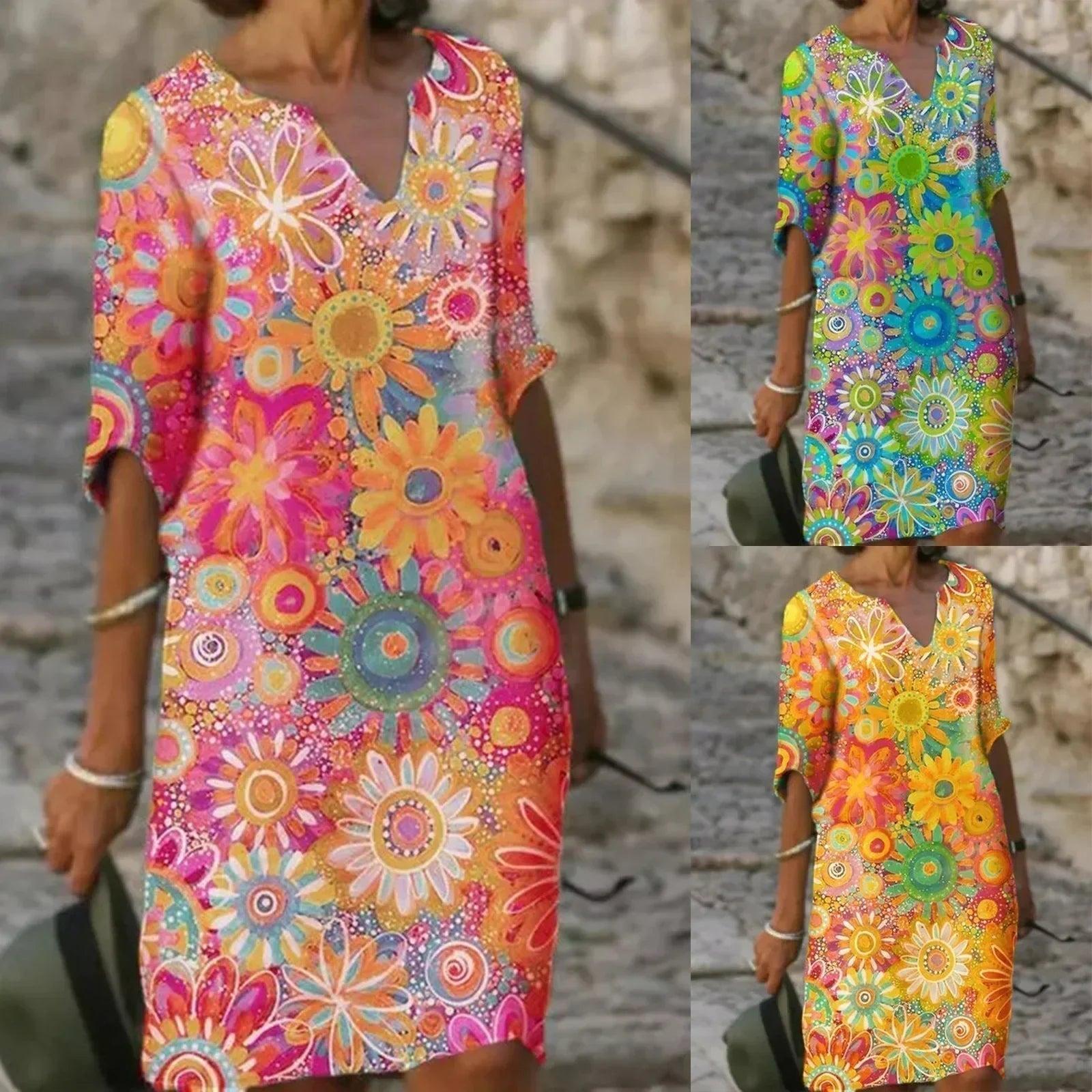 Celeste - Robe d'Été à Manches Mi-Longues avec Imprimé Floral