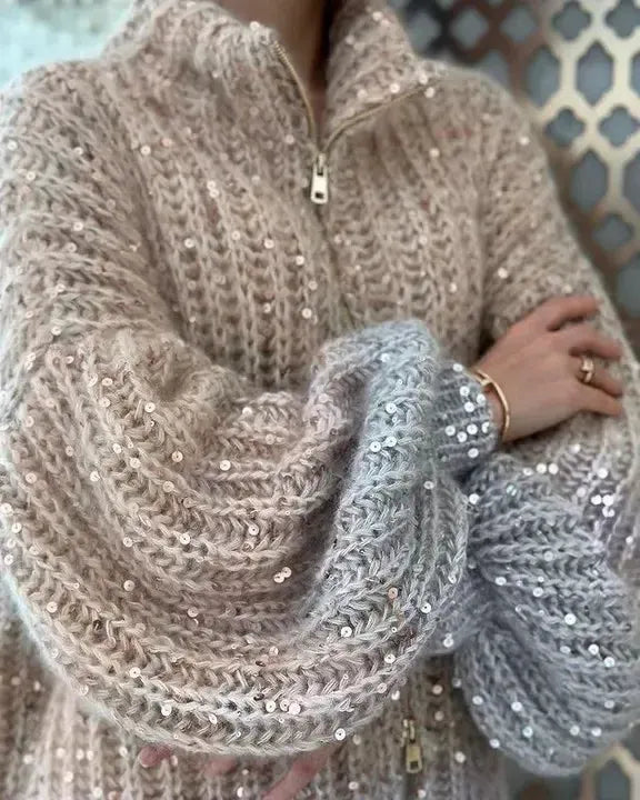 Alyssa - Gilet tricoté confortable et élégant avec fermeture éclair et paillettes