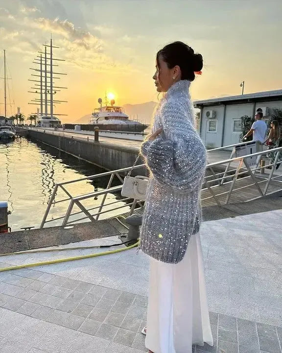 Alyssa - Gilet tricoté confortable et élégant avec fermeture éclair et paillettes