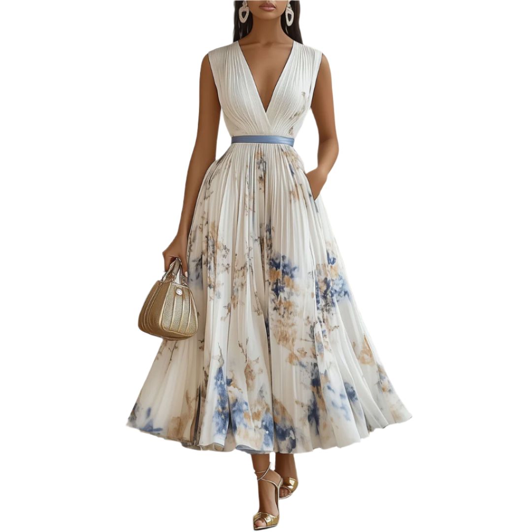 Elegante ceremoniejurk in blauw-witte bloemenprint voor dames