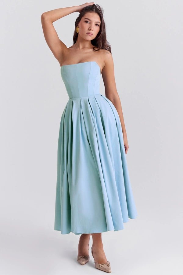 Aneri | Strapless midi jurk met korset en geplooide rok 0