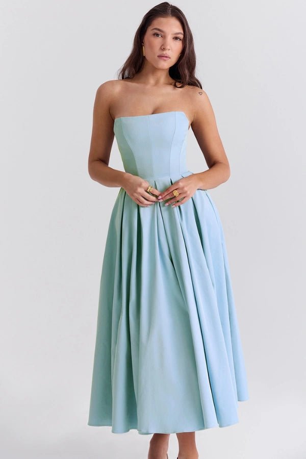 Aneri | Strapless midi jurk met korset en geplooide rok 1