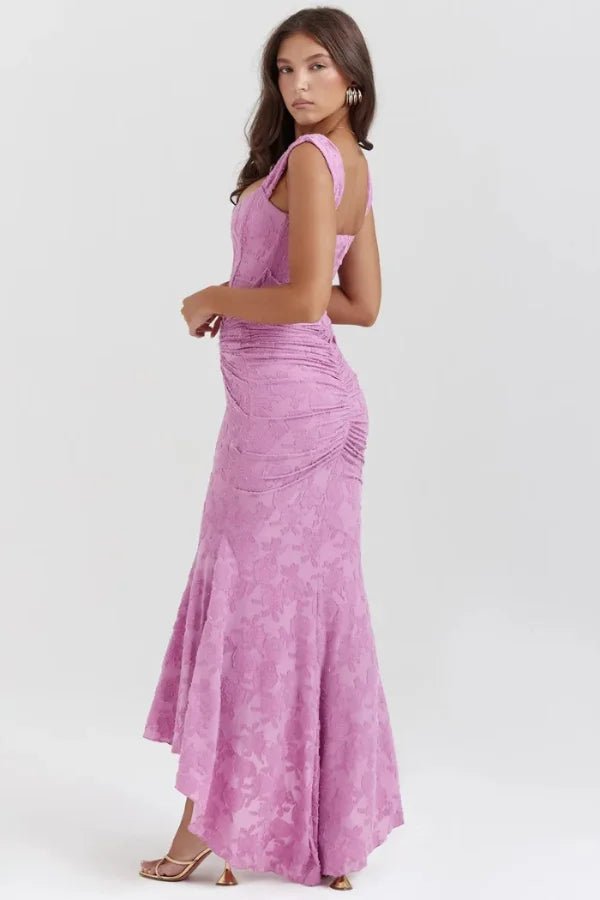 Arabella | Gestructureerde bloemenjacquard jurk met hoog-laag zoom 1