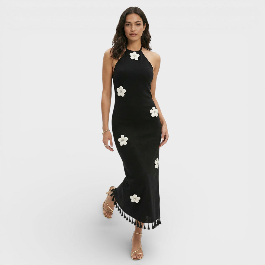 Bloemen | Mouwloze mini-jurk met hoge hals en bloemendecoratie 0