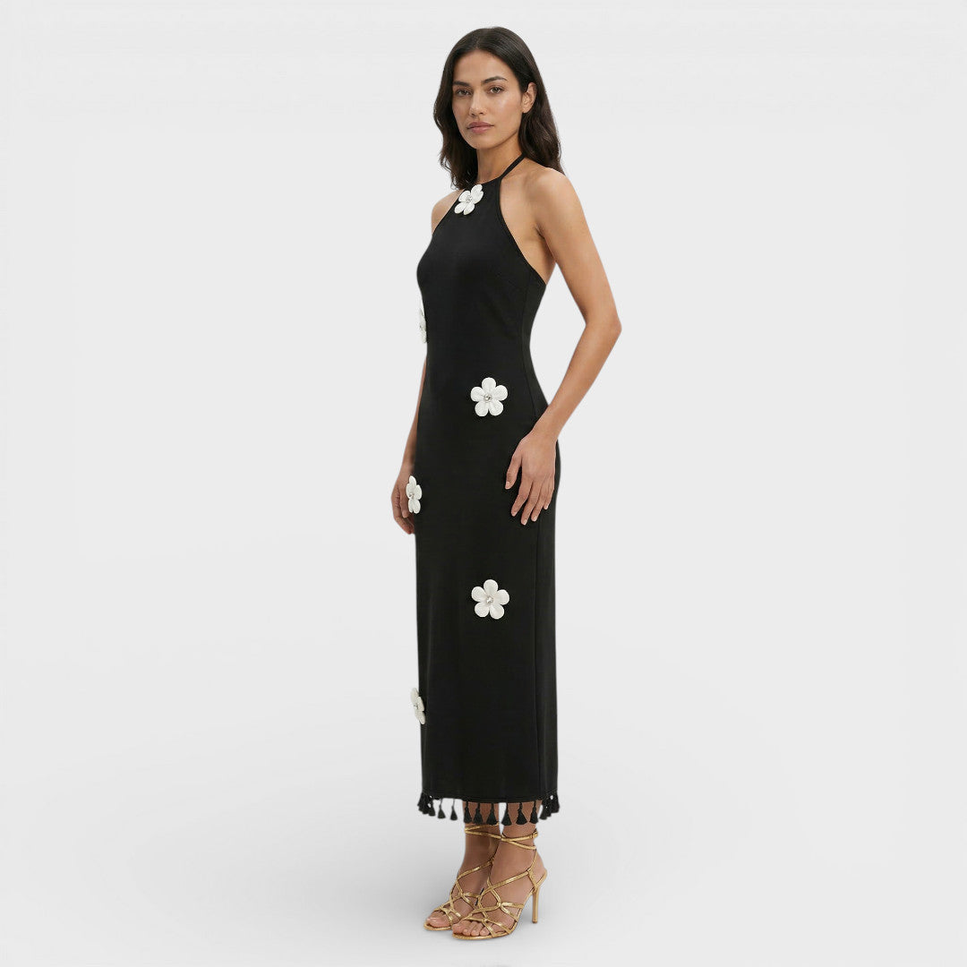 Bloemen | Mouwloze mini-jurk met hoge hals en bloemendecoratie 1