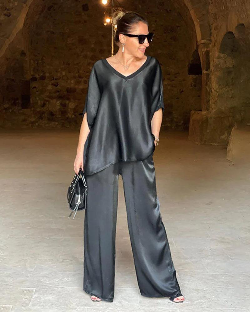 Sandra - Ensemble Deux Pièces Élégant pour Femmes - Blouse Satinée à Manches Courtes avec Pantalon