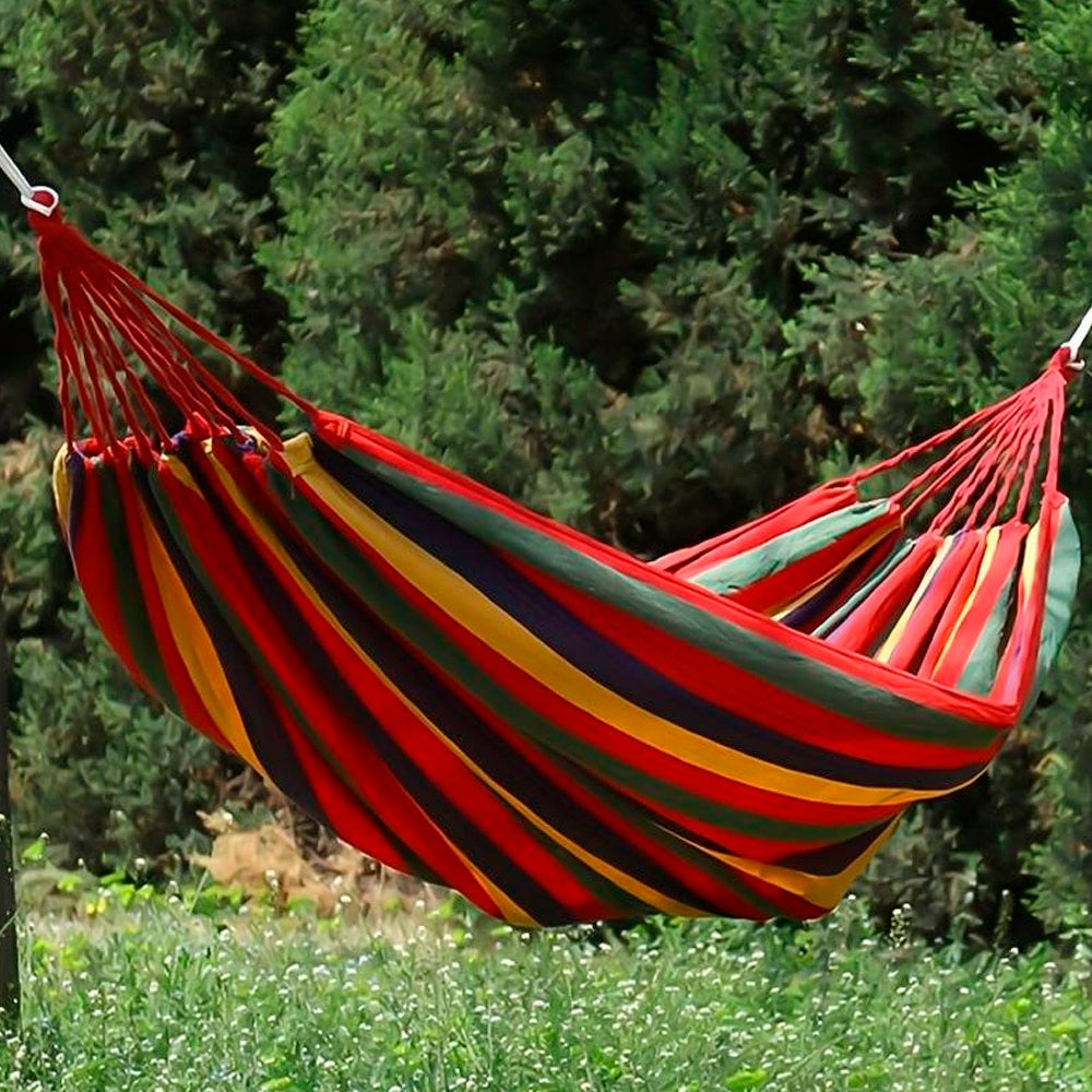 Campinghangmat | Rood gestreept canvas met opbergtas 0