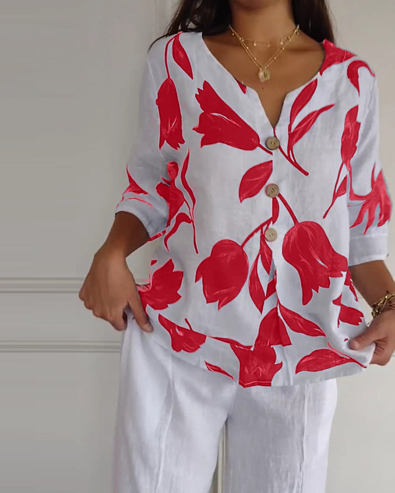 Casual Blouse Met Bloemenprint En Knoopsluiting | Navando