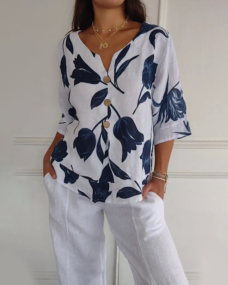 Casual Blouse Met Bloemenprint En Knoopsluiting | Navando