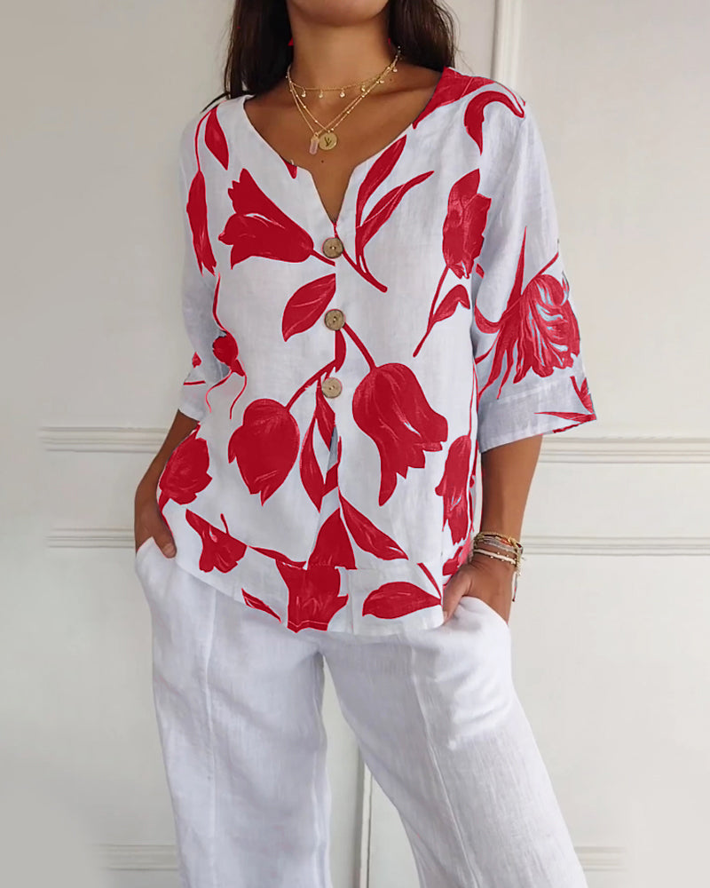 Casual Blouse Met Bloemenprint En Knoopsluiting | Navando