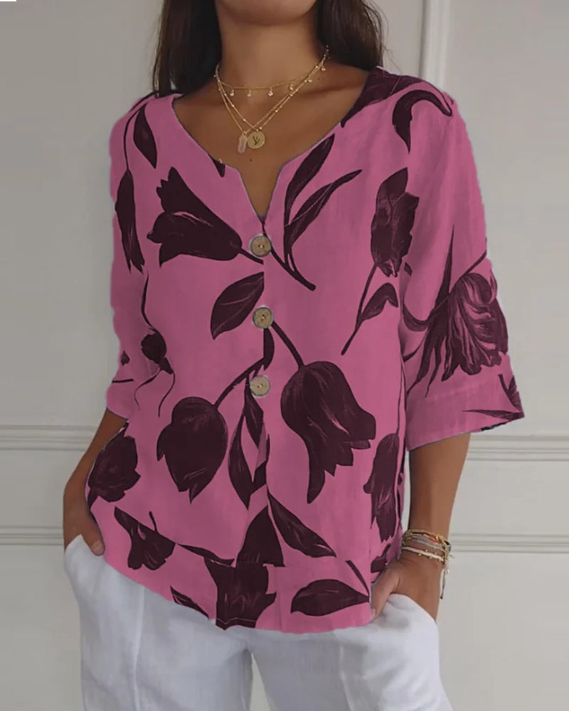 Casual Blouse Met Bloemenprint En Knoopsluiting | Navando