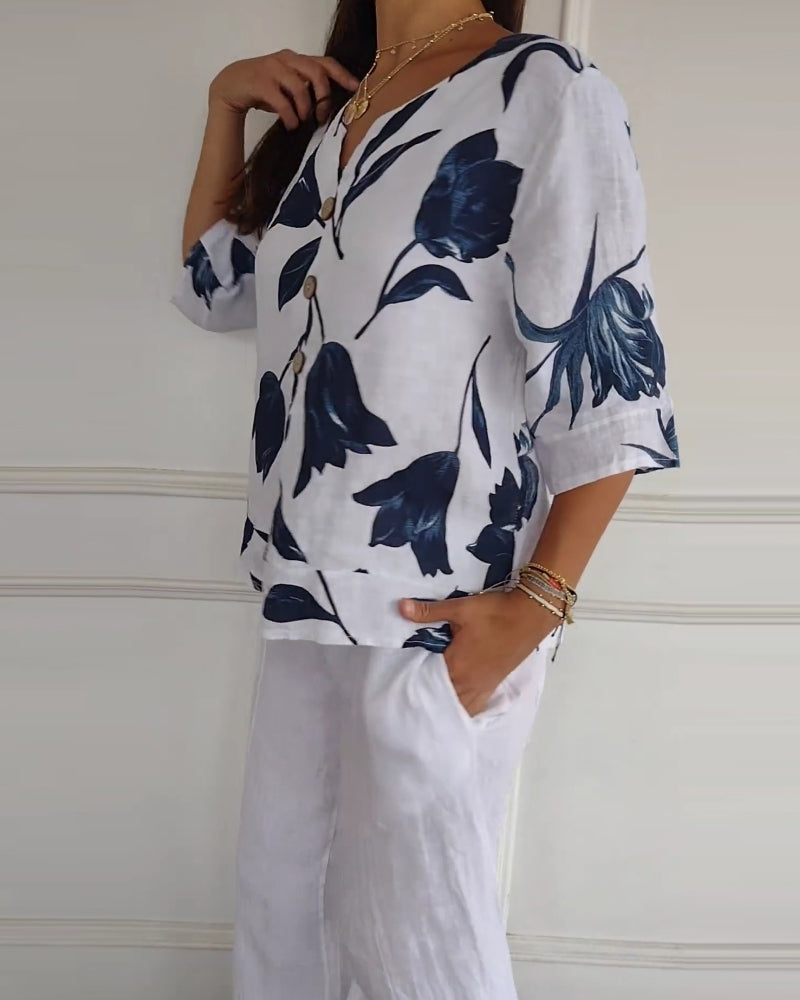 Casual Blouse Met Bloemenprint En Knoopsluiting | Navando