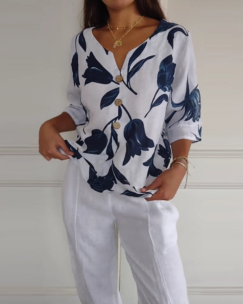 Casual Blouse Met Bloemenprint En Knoopsluiting | Navando