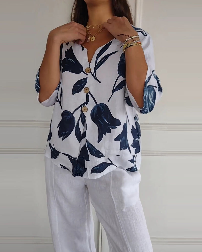 Casual Blouse Met Bloemenprint En Knoopsluiting | Navando
