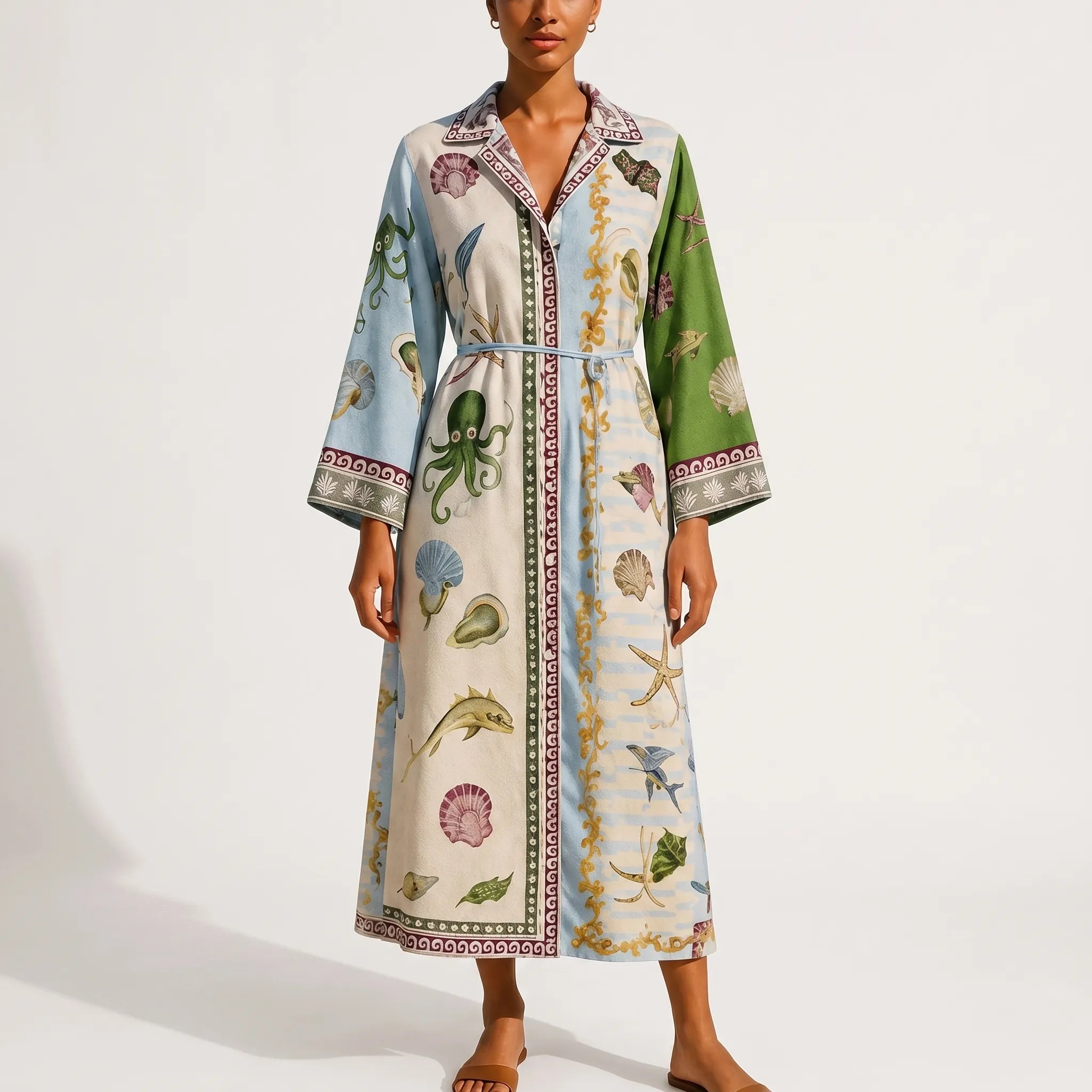 Casual Midi Overhemdjurk Met Maritieme Print | Navando