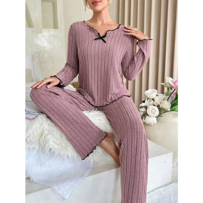 Casual loungewear | Geribbelde pyjamaset met lange mouwen 3