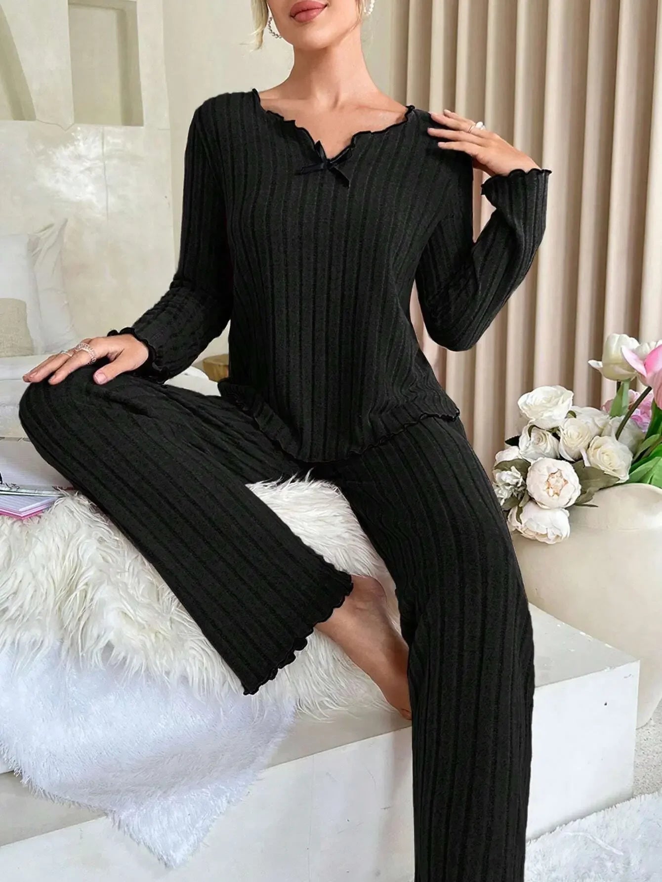 Casual loungewear | Geribbelde pyjamaset met lange mouwen 9