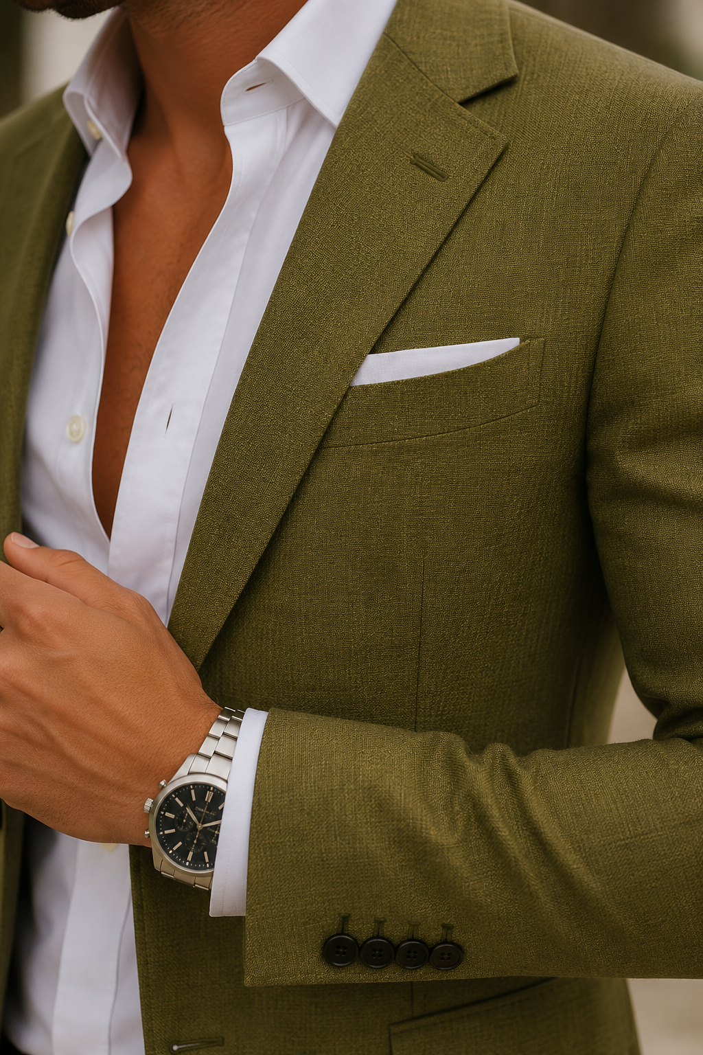 Detail van de ademende linnen-look structuur op colbert