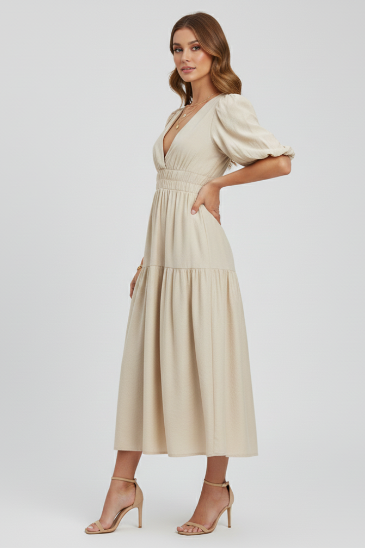 Elegante Damesjurk Met Korte Pofmouwen | Navando
