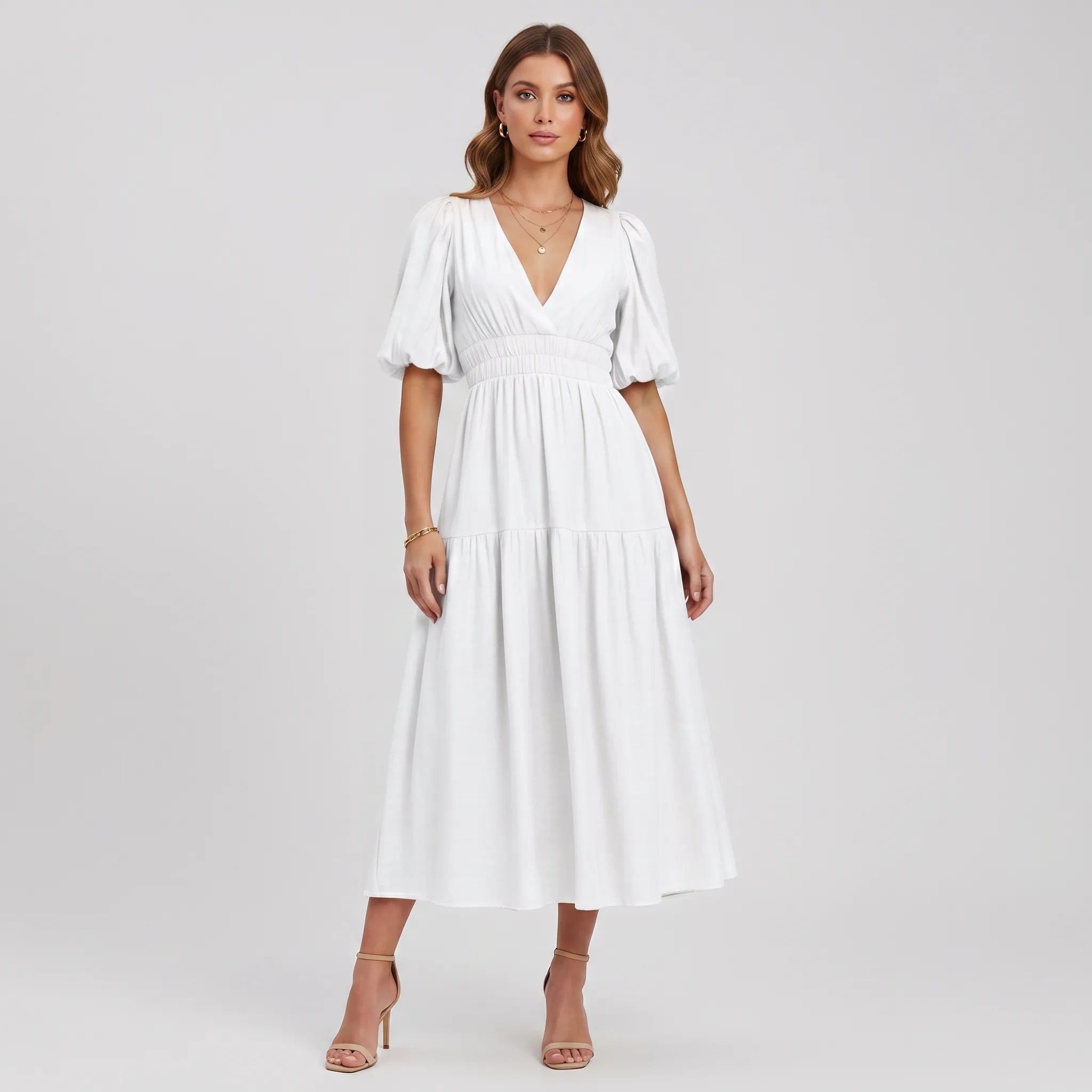 Elegante Damesjurk Met Korte Pofmouwen | Navando
