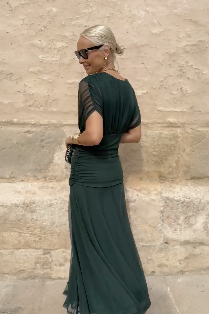 Elegante Groene Maxi Jurk Met Geplooide Taille | Navando