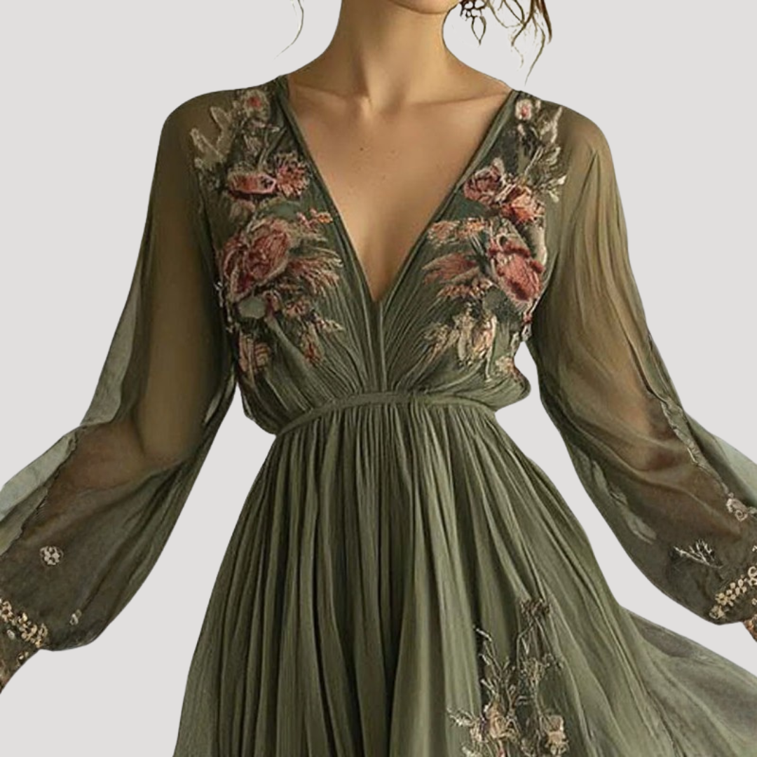 Elegante Maxi-Jurk Met Bloemenborduurwerk | Navando