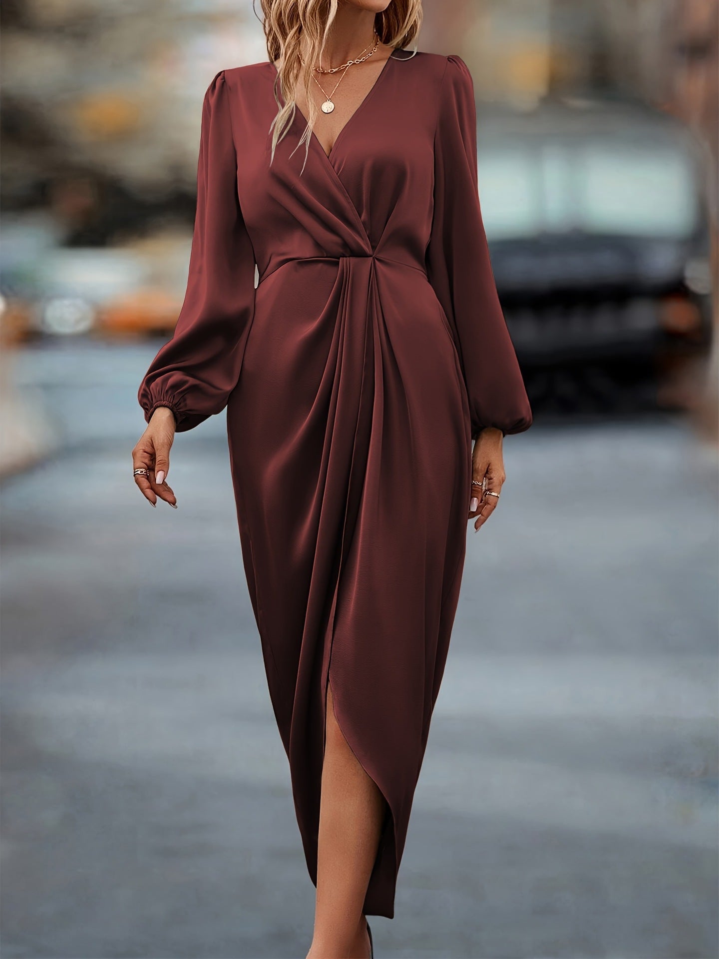 Elegante Midi Wikkeljurk Met Lange Mouwen | Navando