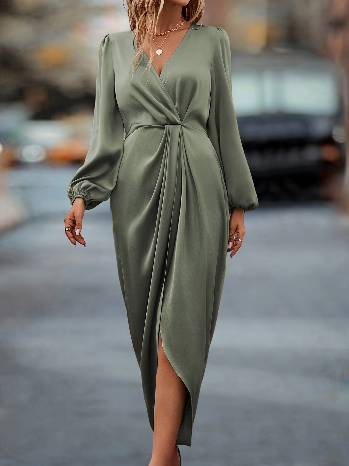 Elegante Midi Wikkeljurk Met Lange Mouwen | Navando