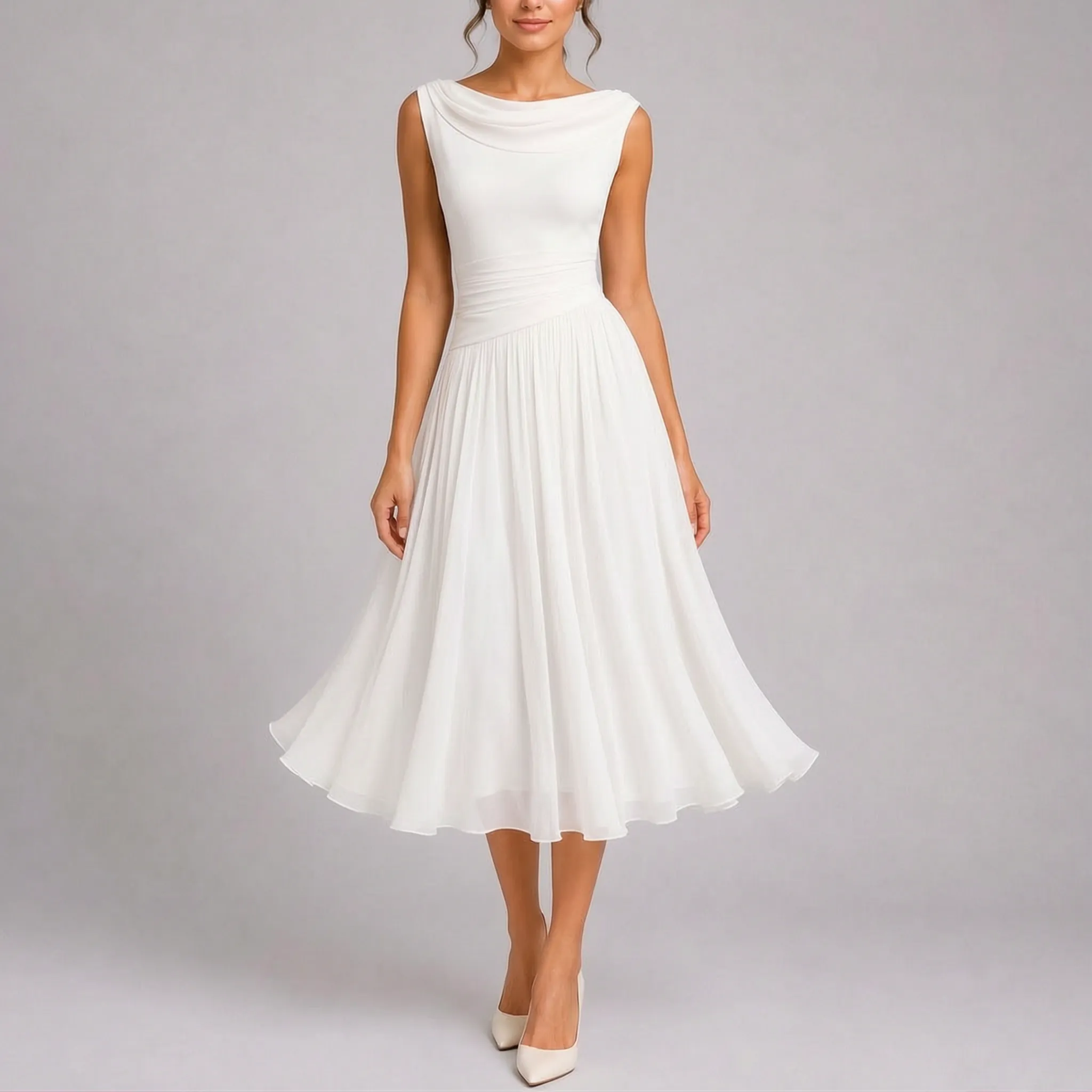Elegante Mouwloze Geplooide Midi Jurk | Navando