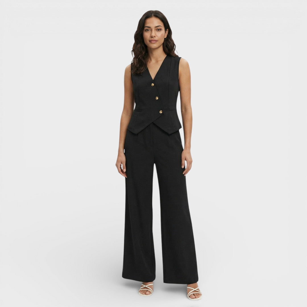 Elegante | Aansluitend mouwloos vest met wijde broek | Tweedelige set dames 3