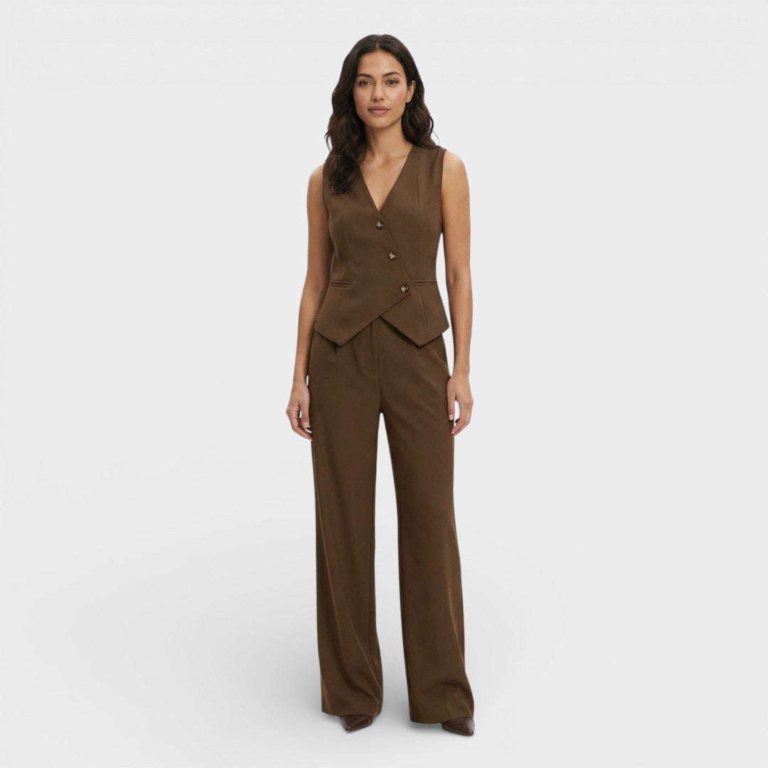 Elegante | Aansluitend mouwloos vest met wijde broek | Tweedelige set dames 4